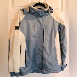 Wetskins Womens Waterproof Jacket Blue White Hood Size Large Windbreaker